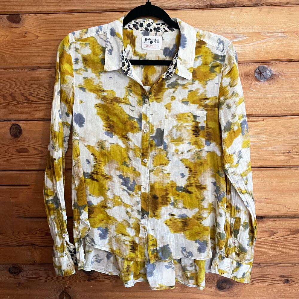 Holding Horses Anthropologie Arabel Golden Mustard Yellow Floral Shirt Blouse